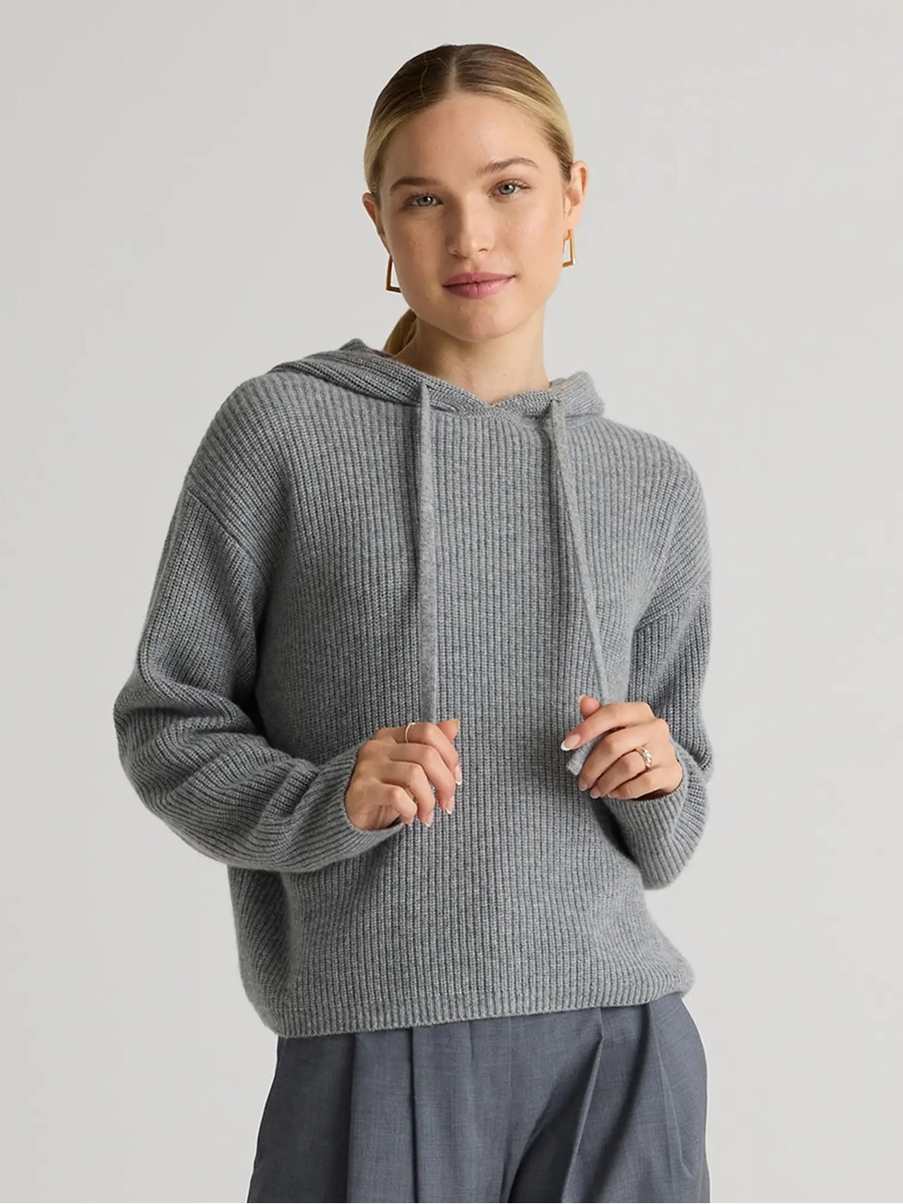Quince Mongolian Cashmere Fisherman Pullover Hoodie in Light Gray (M)